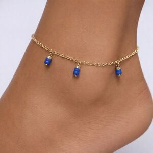 Gold Chain Anklet with Blue Bead Charms – Elegant Women’s Ankle Bracelet Jewelry
